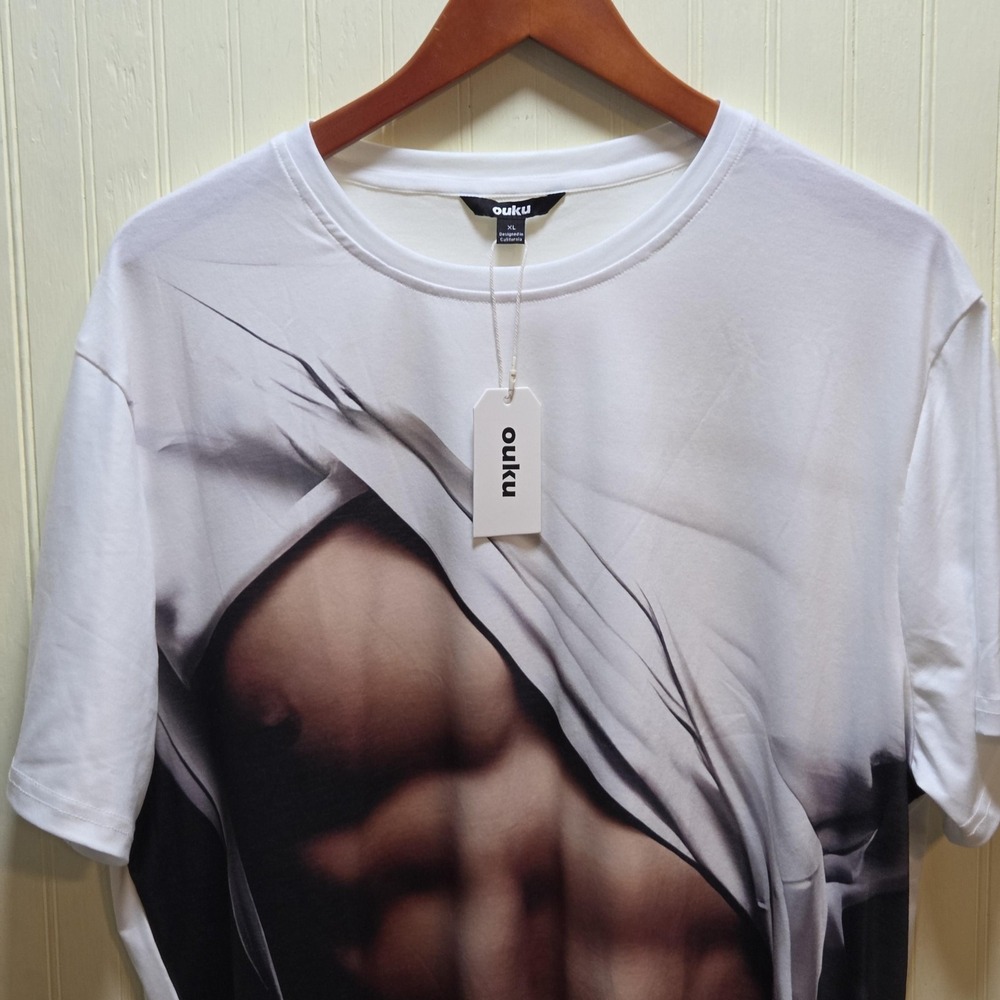 Ouku Shirt Mens‎ XL White 3D Muscle Abs Graphic Tee Bodybuilding Funny Novelty
